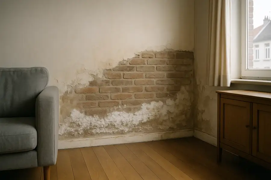 Typisch beeld van opstijgend vocht: natte zone onderaan de muur met witte zoutuitslag