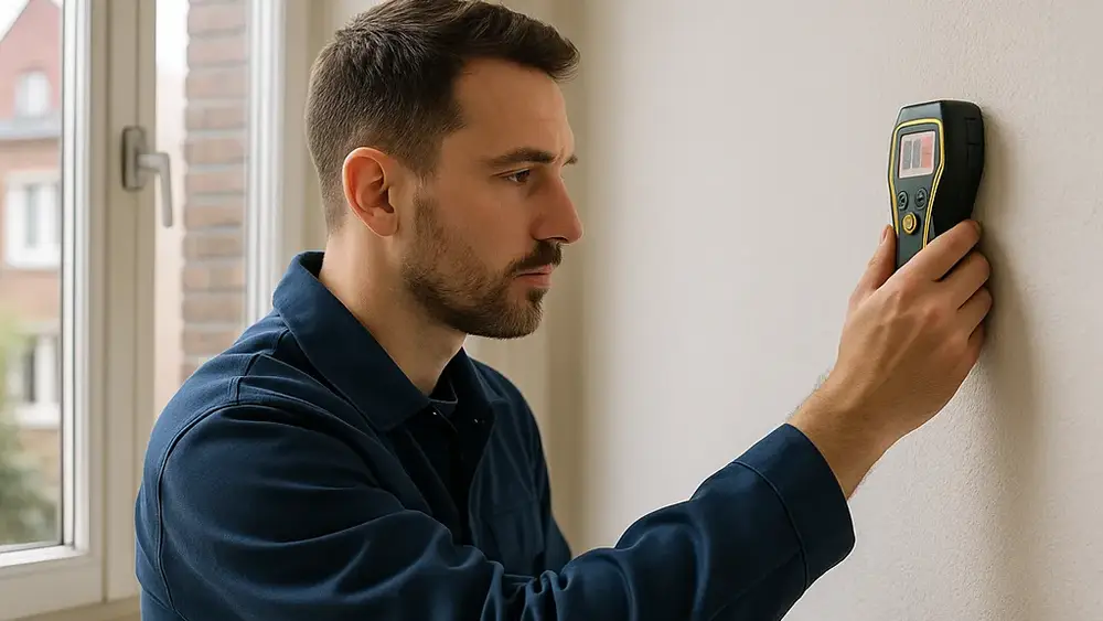 Vochtbestrijder voert een vochtmeting uit op een binnenmuur